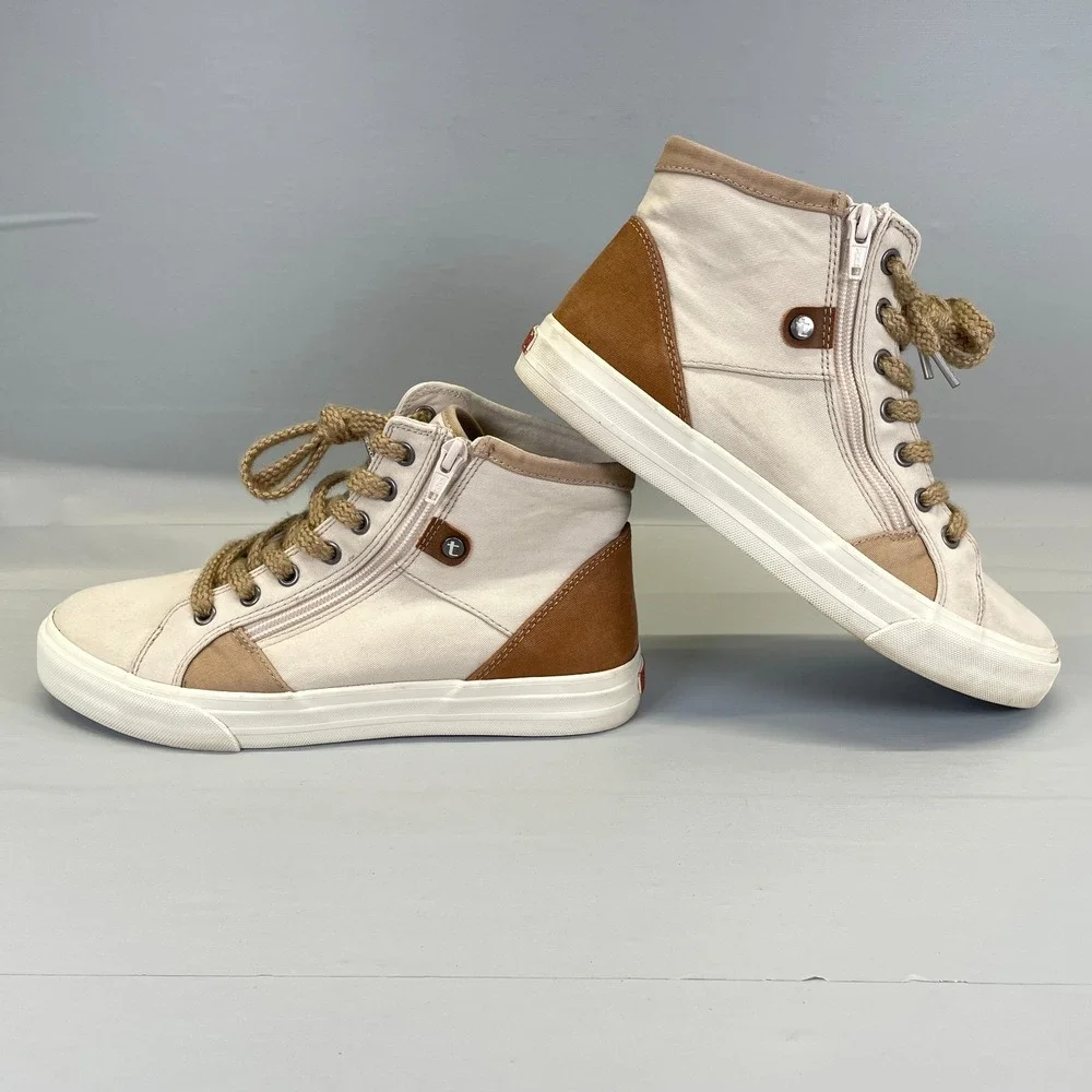 Taos Top Soul Shoes Womens Size 8.5 Beige Canvas Zip Up Lace Up Casual Sneakers